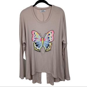 Lauren Moshi Long Sleeve Ribbed Embroidered Butterfly Top XS/S